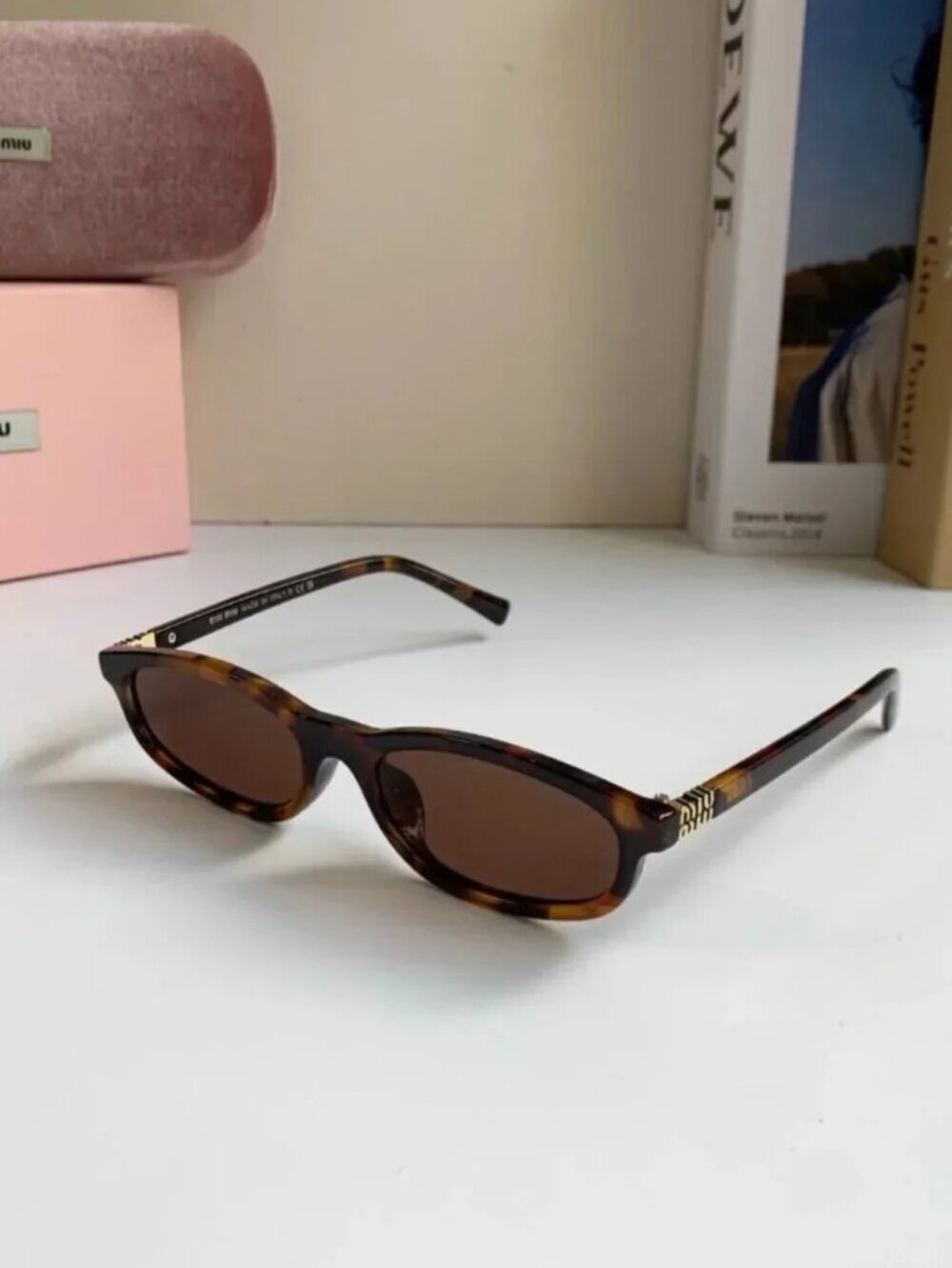 MIU MIU Tortoise Shell Oval Sunglasses Brown Lens Gold Logo - Picture 3 of 6